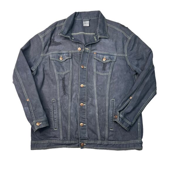 H&M Distressed Boyfriend Oversized Trucker Jacket Denim Navy Blue Womens 12 - Picture 1 of 6